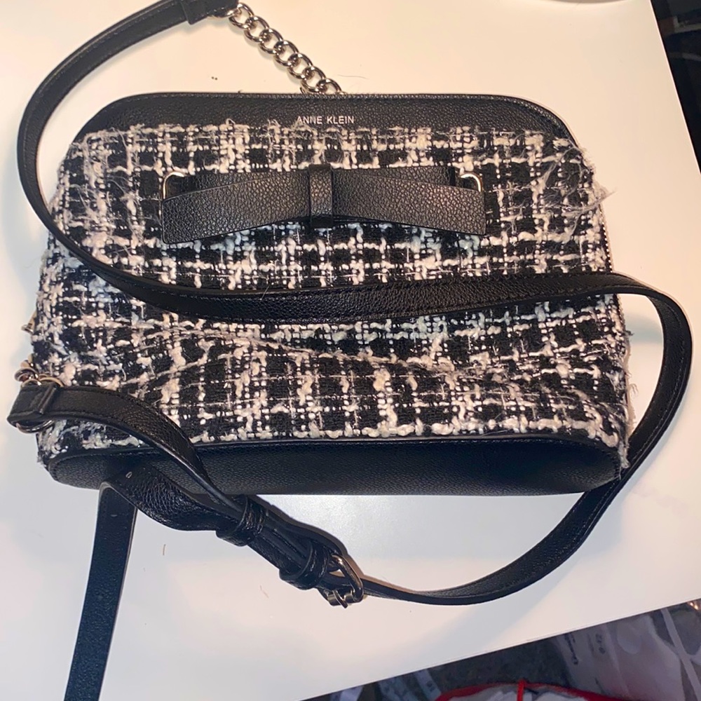 Anne Klein |  Tweed + leather Bowtie Crossbody bag | Small with silver details